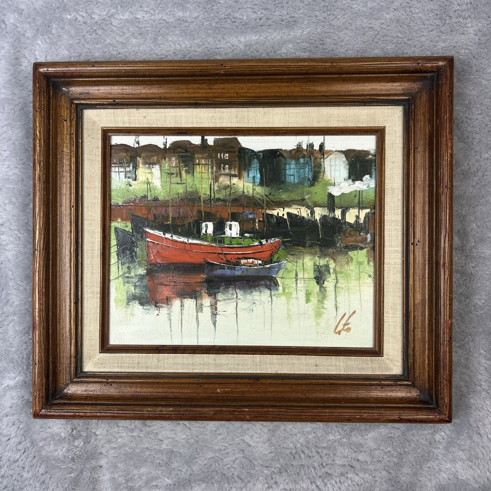 Vintage Signed Oil on Canvas Painting Framed Fishing Boat Wood Frame Nautical